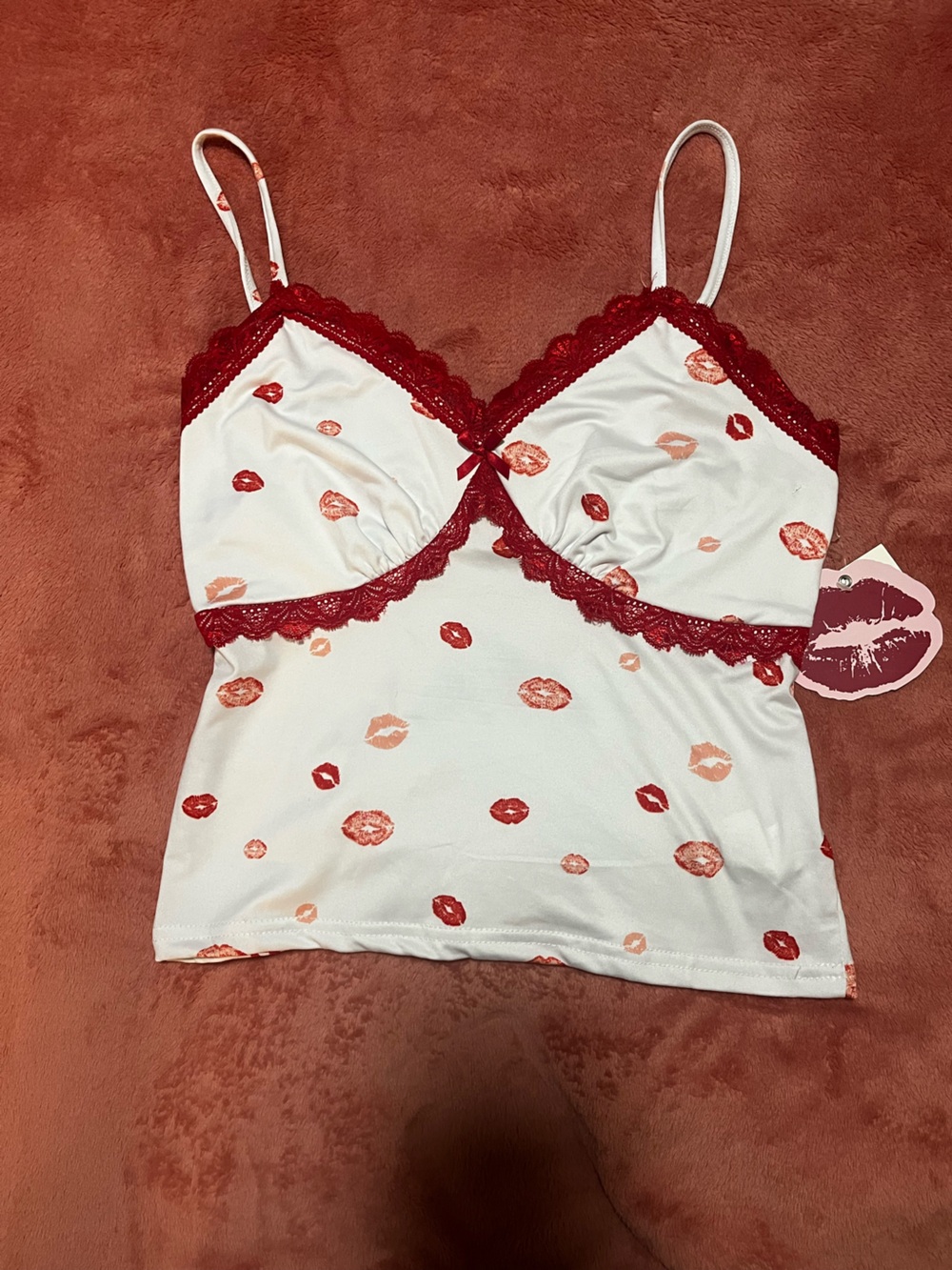 White Chemise with Red Kiss Print and Red Lace Trimmed Cups